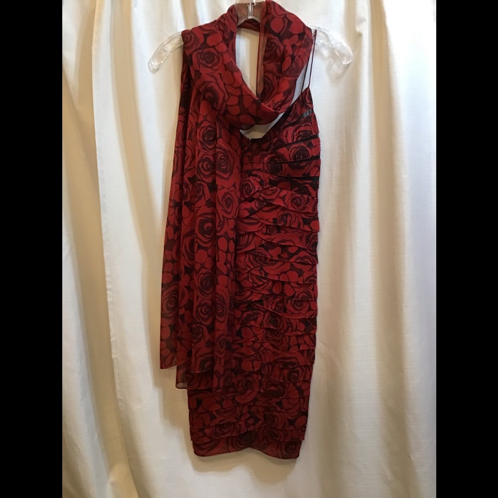 ♥️Chetta B Red/Black Rose Print Silk Dress Size 4 #2153 - Picture 2 of 7